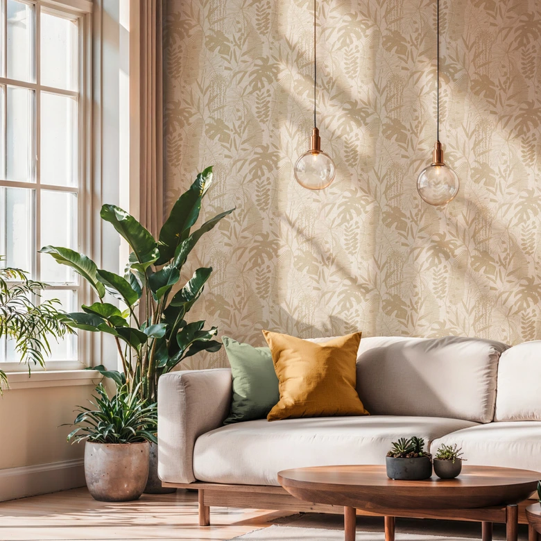 Vliestapete Palmenblätter  beige creme metallic Tapete Wandtapete Natur Flur 