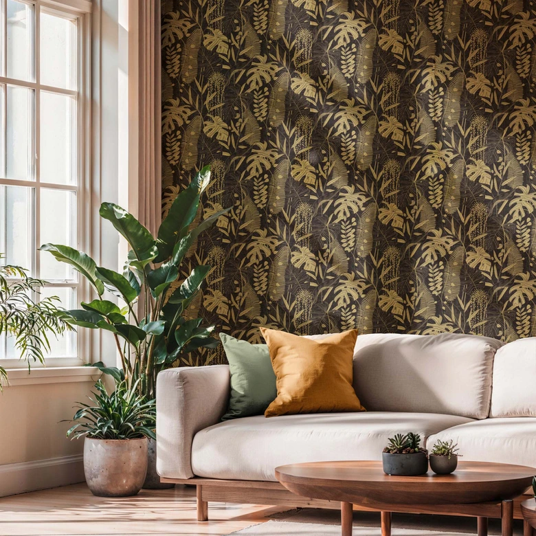 Vliestapete Palmenblätter schwarz gold metallic Tapete Wandtapete  Tropen 