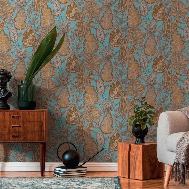 Vliestapete im floralem Design Blau Gelb - Grafik-Tapete mit Blättern 