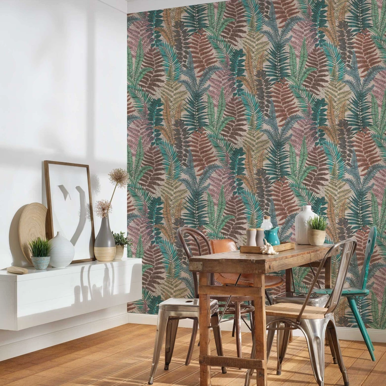 Mustertapete mit Farnblättern Bunt - Florale Tapete Grün Blau Lila 