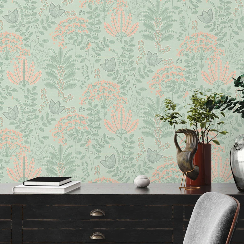 Papier peint intissé avec feuilles style rétro Gris Vert - papier peint floral Fleurs 