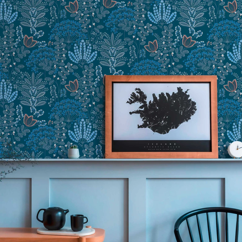 Papier peint à fleurs style rétro Bleu Blanc - papier peint intissé floral avec feuilles 