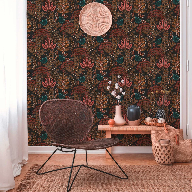 Papier peint intissé avec feuilles style rétro Noir Multicolore - papier peint floral fleurs 