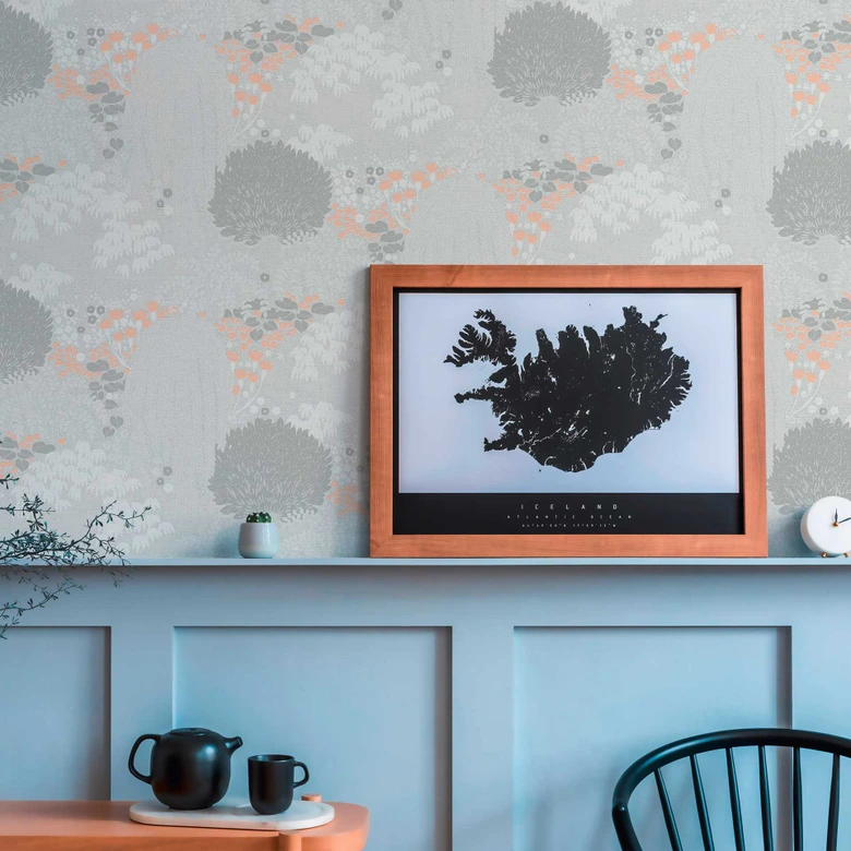 Papier peint à motifs forêt Gris Blanc - papier peint avec accents orange 