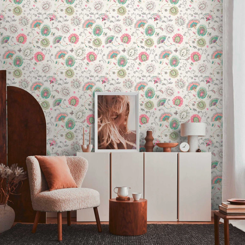 Blumen Tapete Bunt - Vliestapete Floral - Wohnzimmer Tapete Natur Weiß - Exotisch 