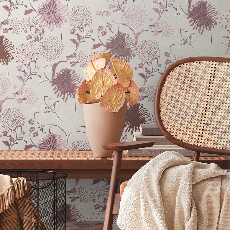 bloemen behang abstract wit paars - bloemen behang - natuurlijk woonkamer behang 