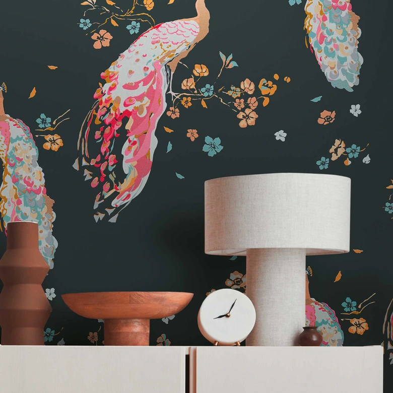 Tiertapete Schwarz Gelb - Vliestapete Pfau - Florale Tapete - Blumentapete mit Vögeln 