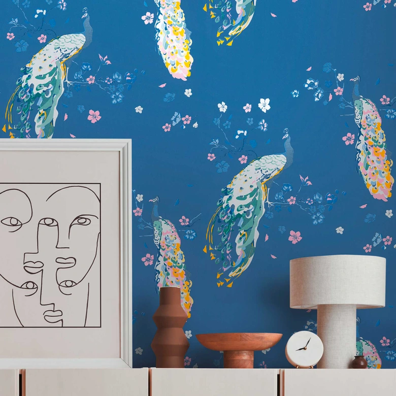 Tapete Pfau Blau Rosa - Blumentapete Designer - Vliestapete mit Vögeln Floral 