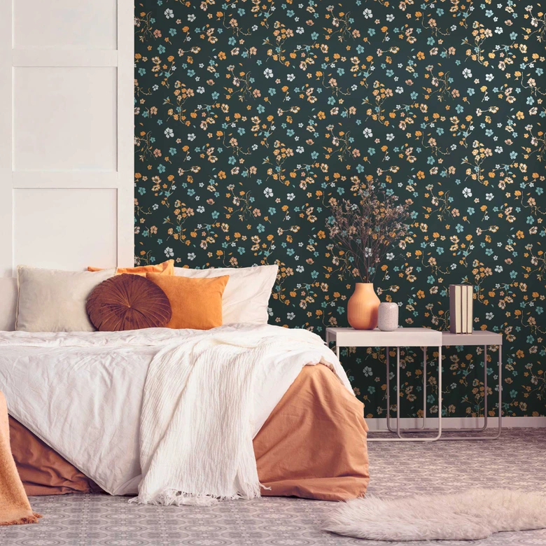 Blumentapete Schwarz Gelb - Naturtapete Designer - Vliestapete Floral 