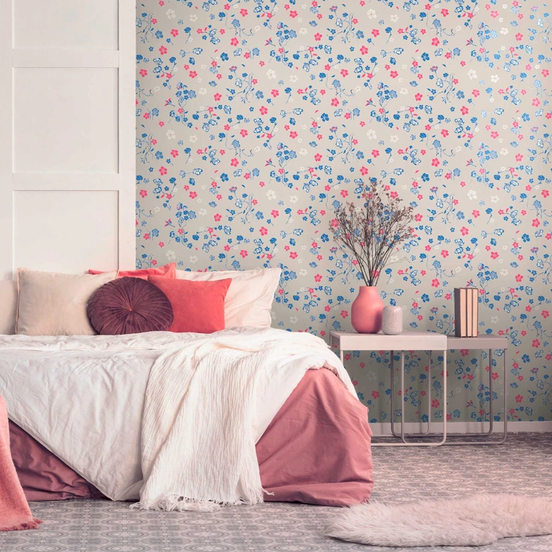 Blumentapete Beige Blau - Vliestapete Floral - Naturtapete Designer 