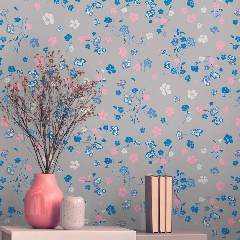 papier peint fleuri gris bleu - papier peint floral - papier peint intissé nature 