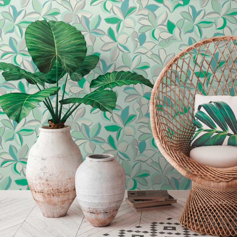 Naturtapete Hawaii Grün Weiß - Vliestapete Design - Blumentapete Floral 