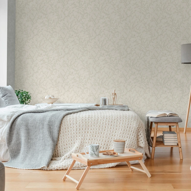 Papier peint floral avec rinceaux crème gris - papier peint intissé subtilement structuré naturel 