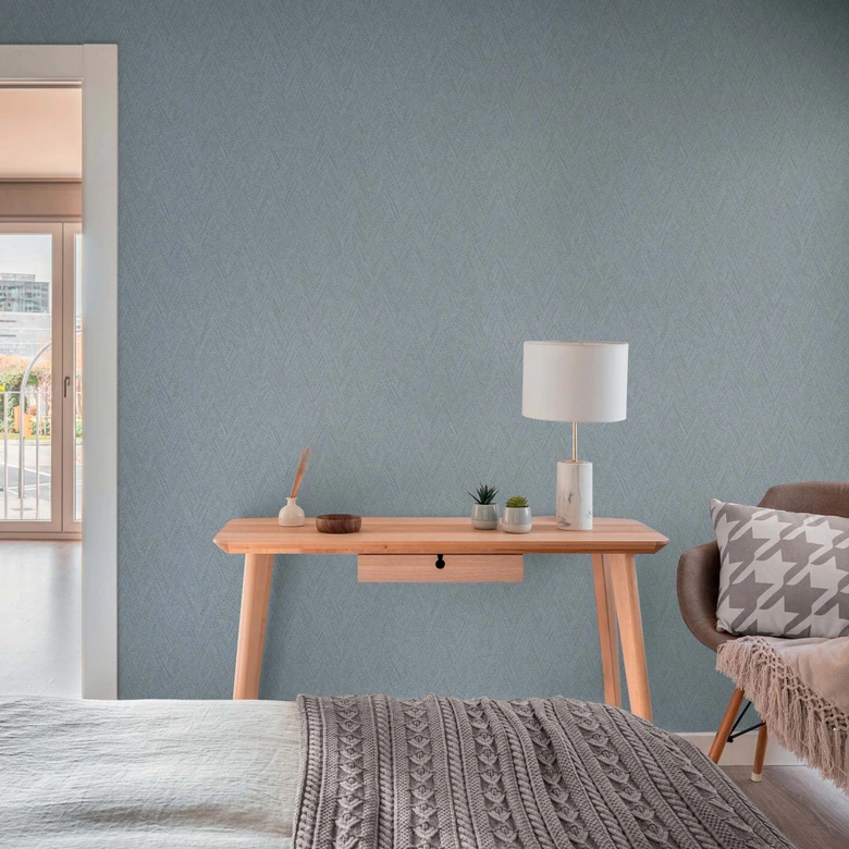 Strukturtapete Fischgrät Blau Grau – Vliestapete modern textilartig gemustert 