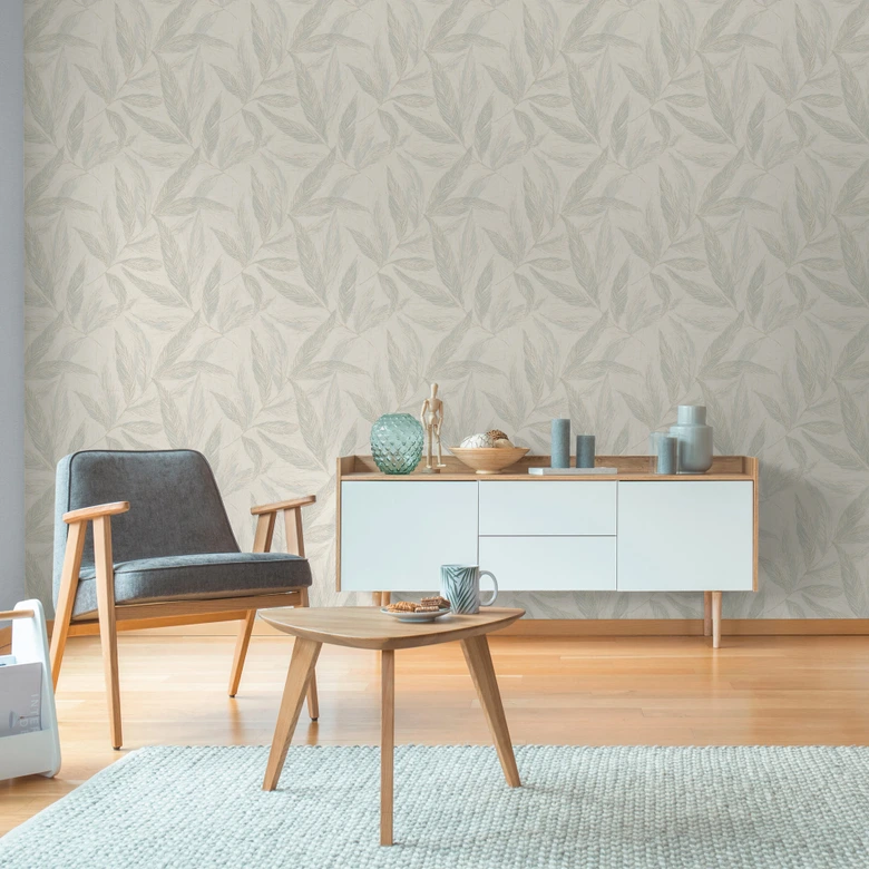 Vit kräm grå växt tapet - Icke-vävd tapet med fint matt bladmönster 
