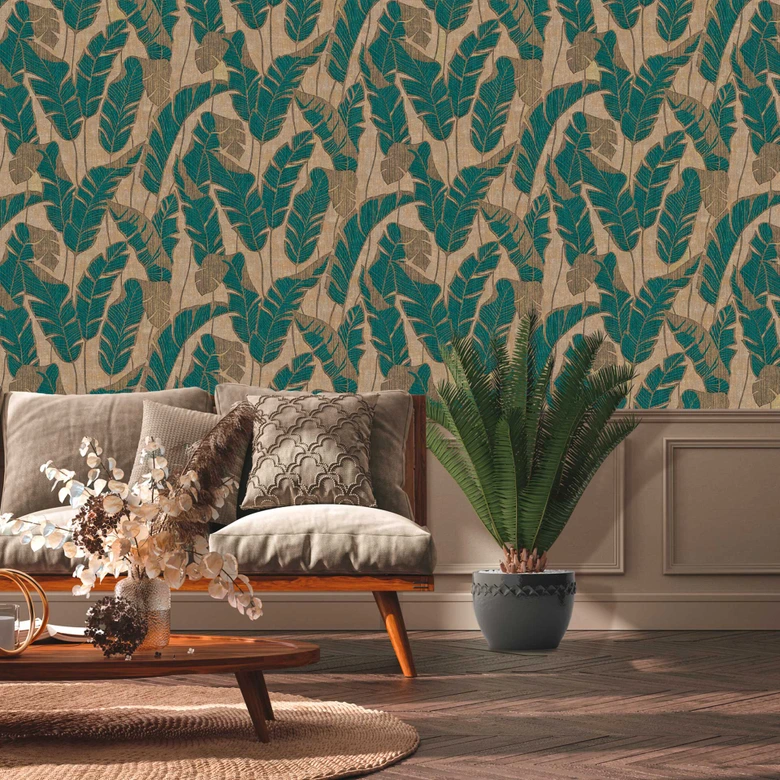 Blätter-Mustertapete leicht glänzend Beige Blau - Florale Tapete Pflanzen 