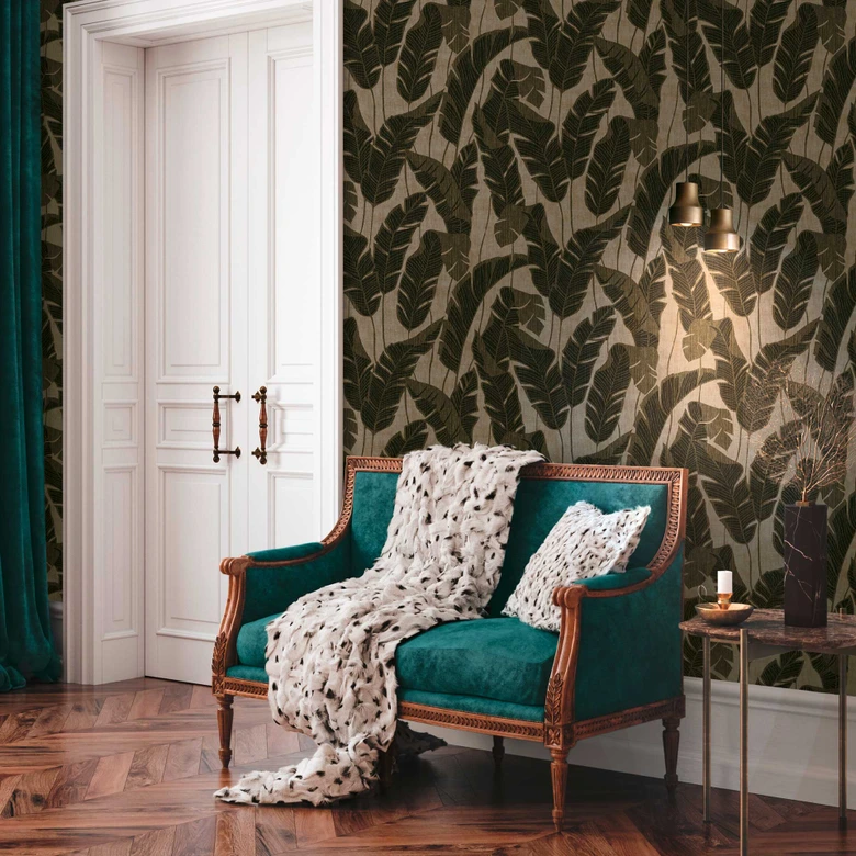 Blätter-Tapete leicht glänzend Beige Schwarz - Florale Mustertapete Pflanzen 