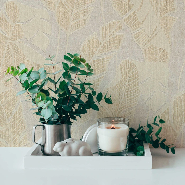 Blätter-Vliestapete leicht glänzend Weiß Gold - Florale Tapete Pflanzen 