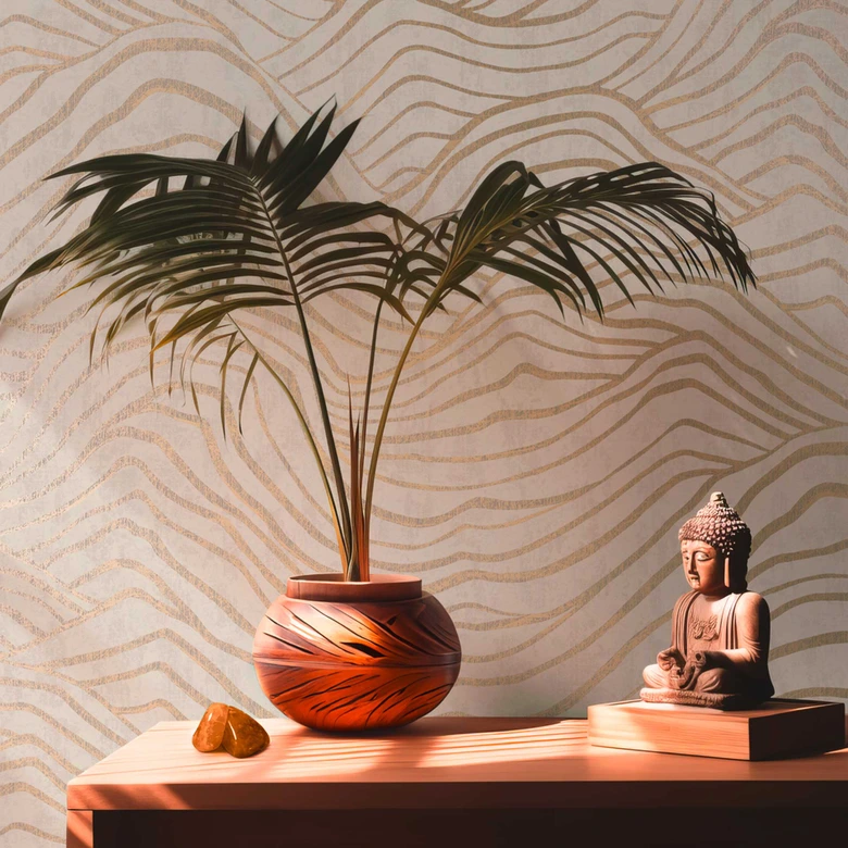 Abstrakt 3D tapet med bølgemønster grå guld - non-woven tapet med metallic effekt  
