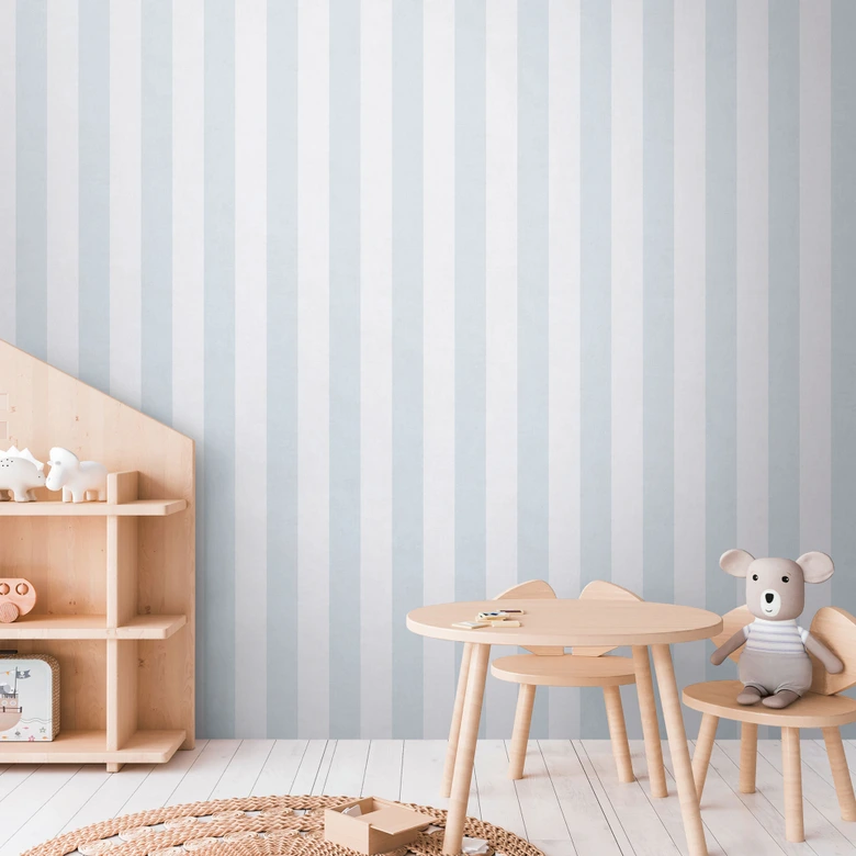 Randig tapet ljusblå vit - Icke-vävd tapet ränder för barnrum & mer 