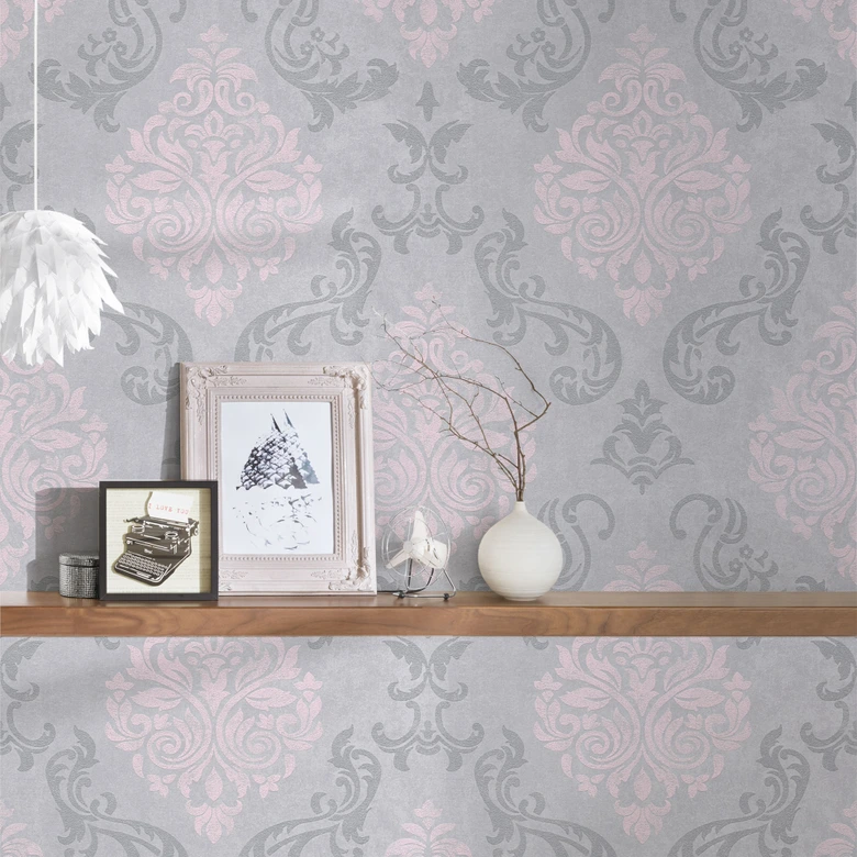 A.S. Création Vliestapete Memory Barocktapete mit Ornamenten Glitzereffekt grau, metallic, rosa 
