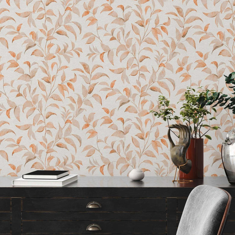 Blättertapete Orange Weiß - Florale Vliestapete - Tapete Wohnzimmer Schlafzimmer Küche 
