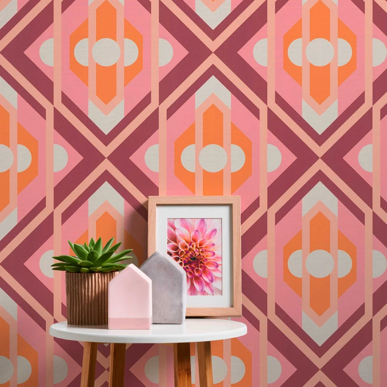 Ikke-vævet tapet retrostil orange pink - abstrakt tapet med mønster - vintage tapet 