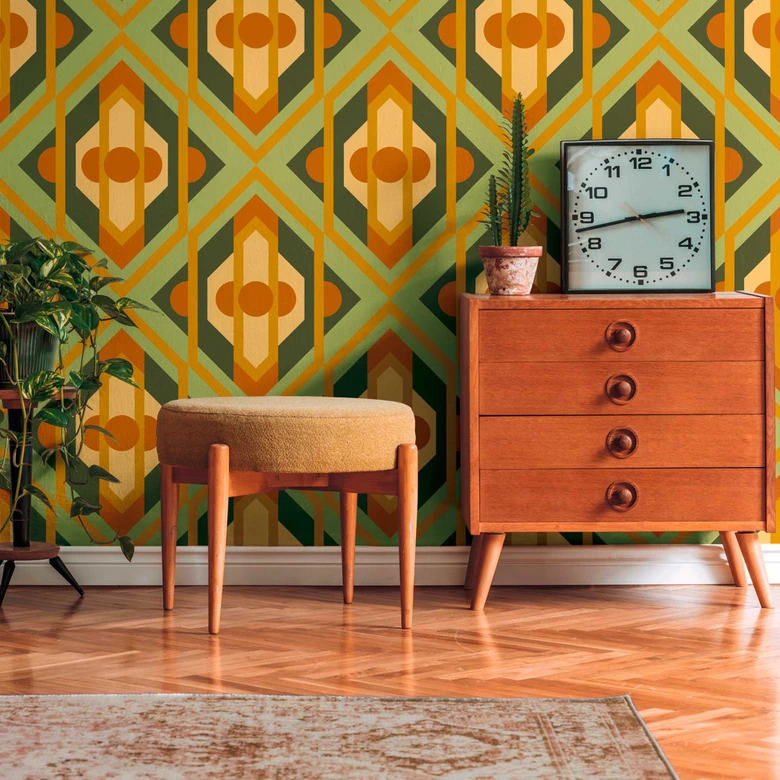 Vliestapete Retro-stil Grün Gelb - Abstrakte Mustertapete - Vintage Tapete 