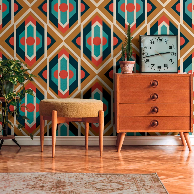 Non-woven wallpaper blue yellow orange pink - abstract pattern wallpaper - vintage wallpaper 