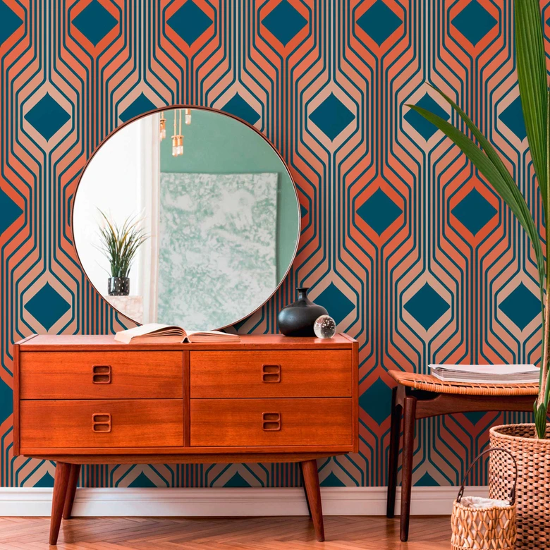 Retro tapet rödblå - vintage non-woven tapet abstrakt - mönster tapet texturerad skal och stick tapet 