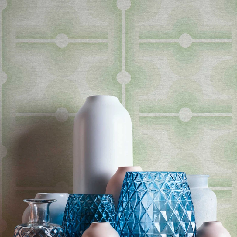 Vintage non-woven wallpaper green cream - retro graphic pattern wallpaper - graphic wallpaper 