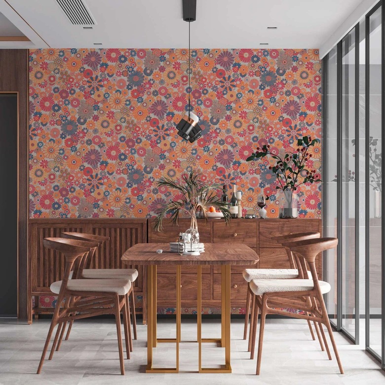 Retro-Tapete mit Blumen - florale Vliestapete Rot Blau - Vintage Mustertapete 