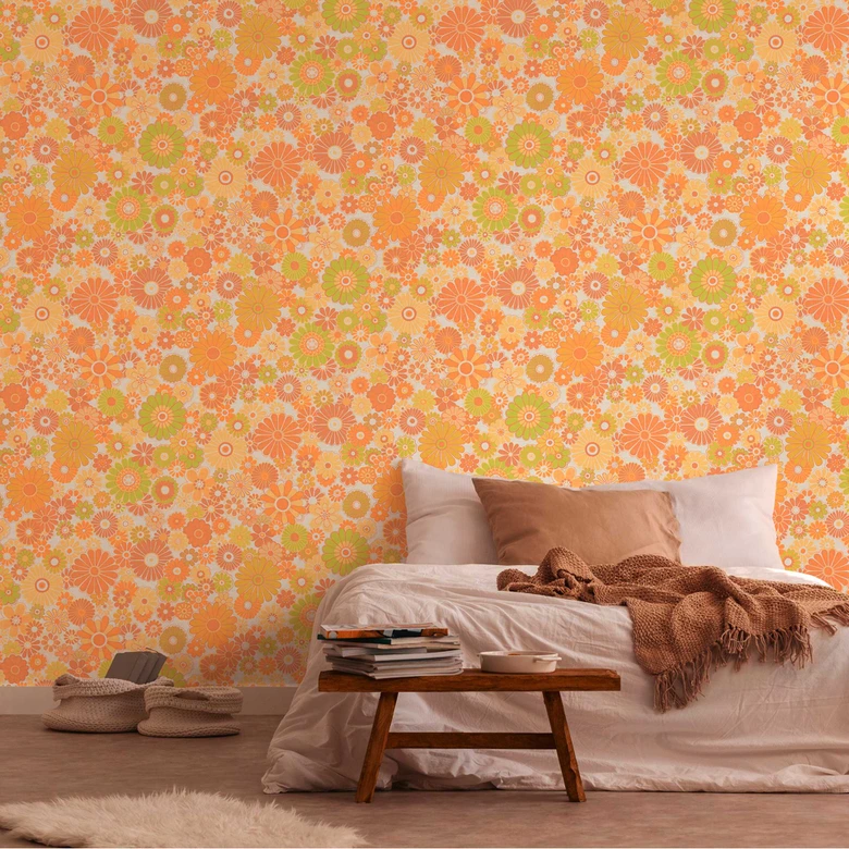 Papier peint intissé avec fleurs jaune vert - papier peint floral style rétro - papier peint à motifs vintage 