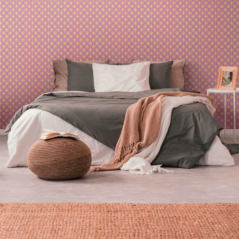 Retro-Look Tapete Lila Orange - gepunktete Vliestapete mit Grafik Muster - Strukturtapete 