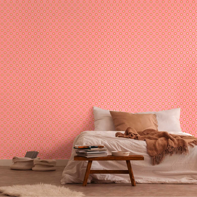 Retro look wallpaper with dots orange pink - non-woven wallpaper with graphic sample - textured peel and stick wallpaper 