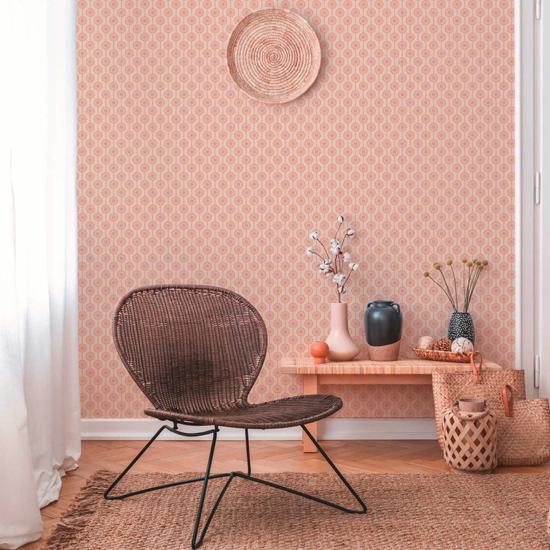 Retro look wallpaper with dots beige orange - non-woven wallpaper with graphic sample - textured peel and stick wallpaper 