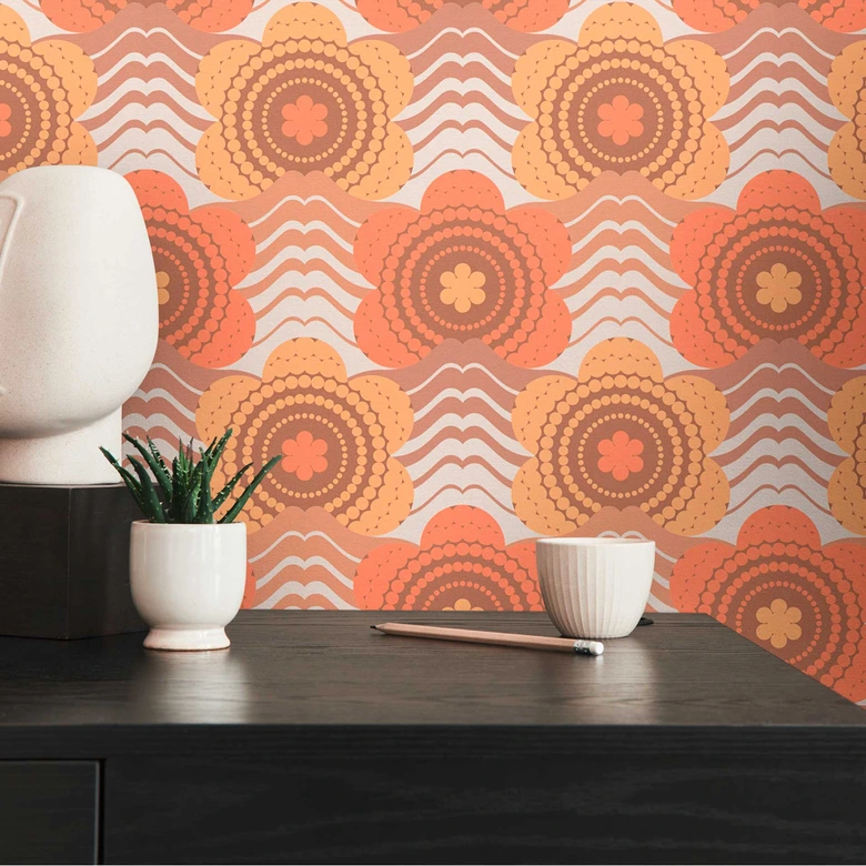 Non-woven wallpaper with flowers brown orange - floral retro wallpaper - vintage wallpaper 