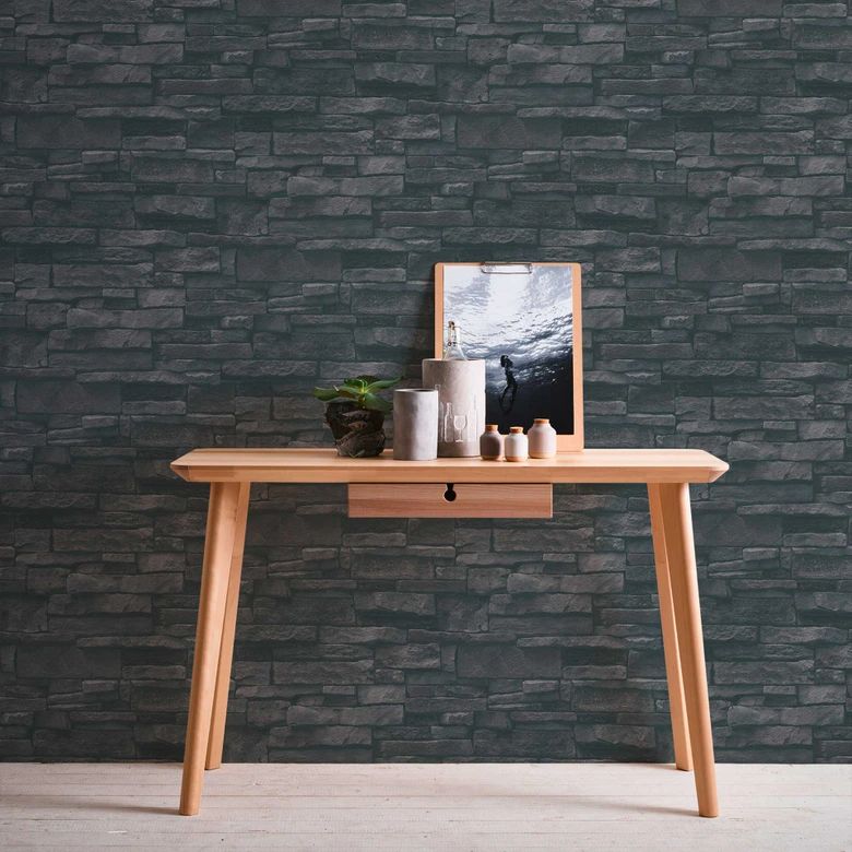 steen optiek behang zwart - 3D steen behang - vliesbehang slaapkamer hal 