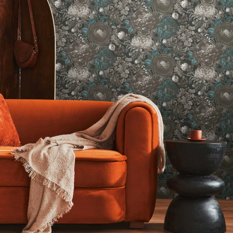 Blommig tapet med pioner svartgrå petrol - Icke-vävd tapet vintage look 