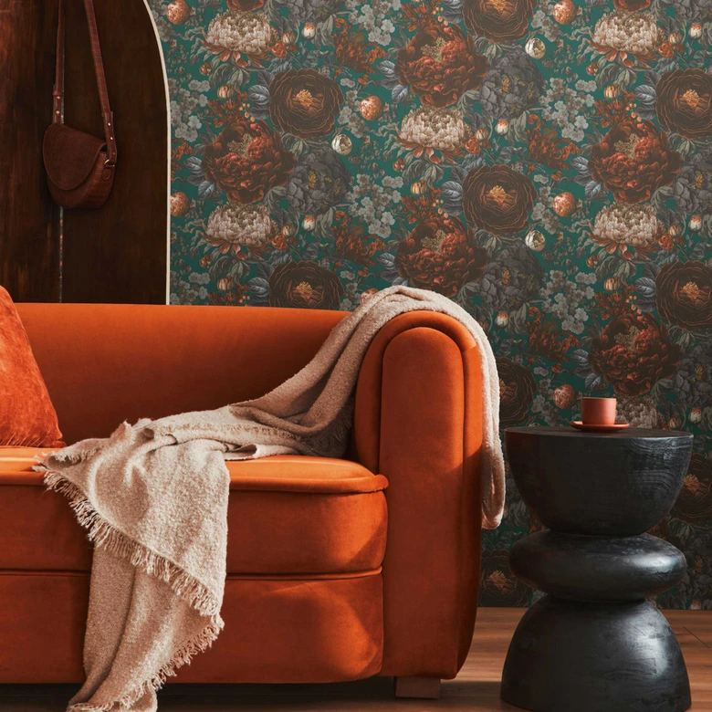 Floral wallpaper with peonies petrol brown - non-woven wallpaper vintage style 