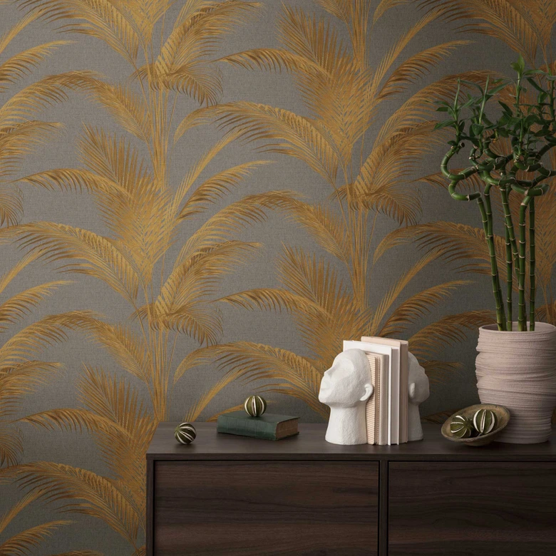 Grey gold palm tree wallpaper - non-woven wallpaper with a sophisticated sheen and tropical design 