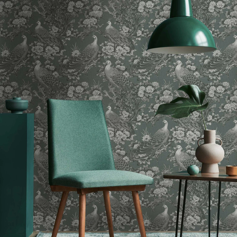 Bird wallpaper gray black - non-woven wallpaper with exotic peacocks and floral motif 