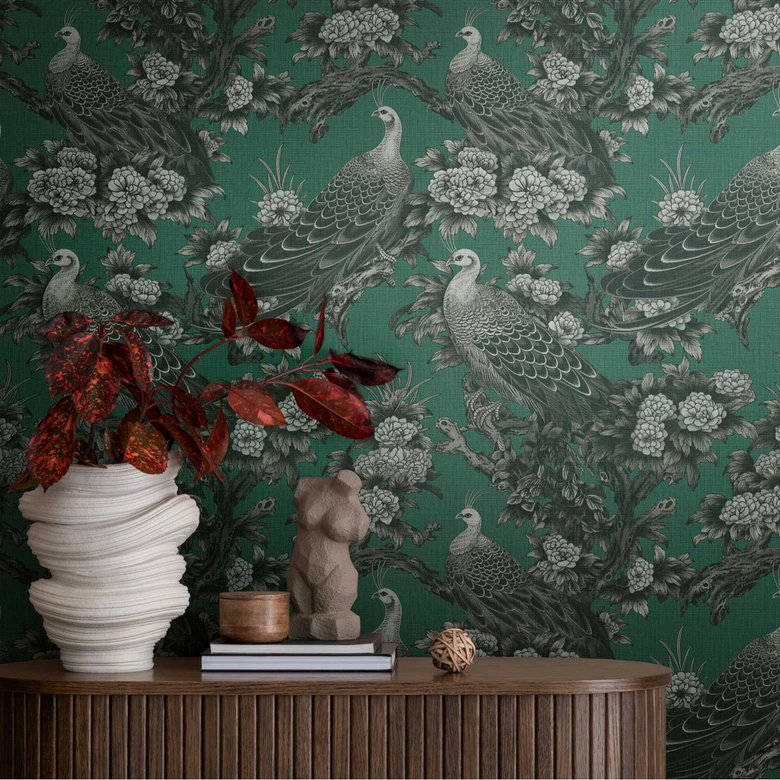 Bird wallpaper green black - non-woven wallpaper with exotic peacocks and floral samples 