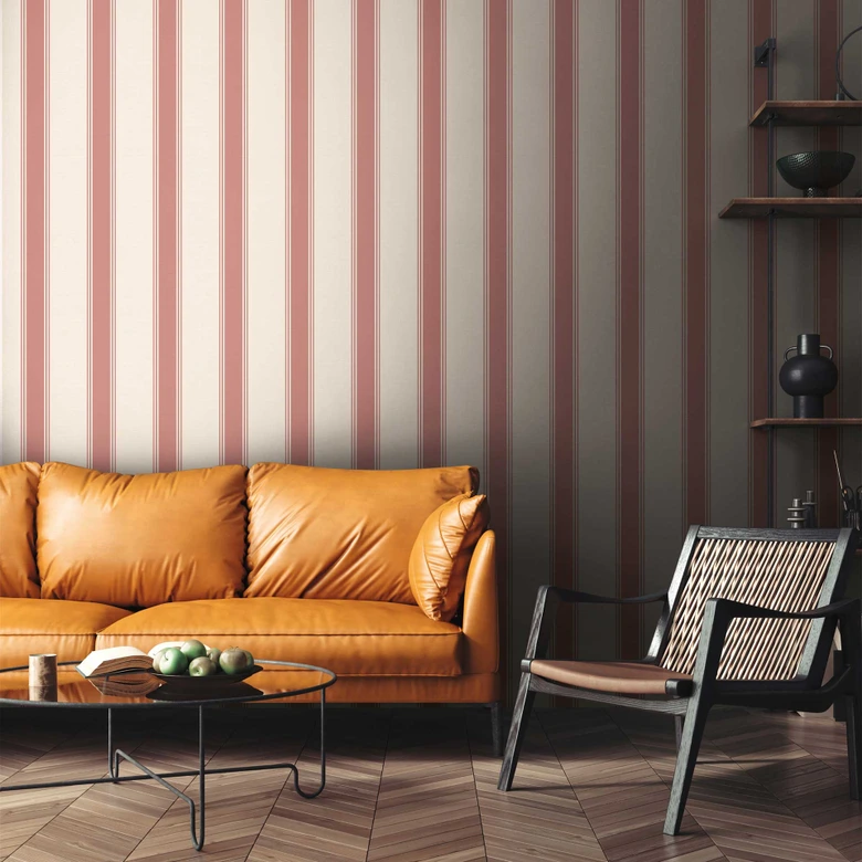 Papier peint rayé Crème Bordeaux - Papier peint intissé avec motif à rayures classique 