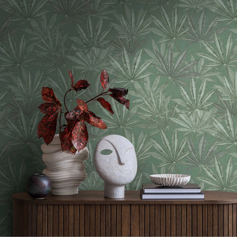 Green leaf wallpaper - non-woven wallpaper with a large leaf pattern in a natural style 