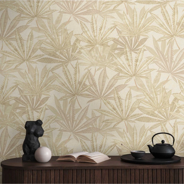 Leaves wallpaper beige cream - non-woven wallpaper with large leaf pattern in natural tones 