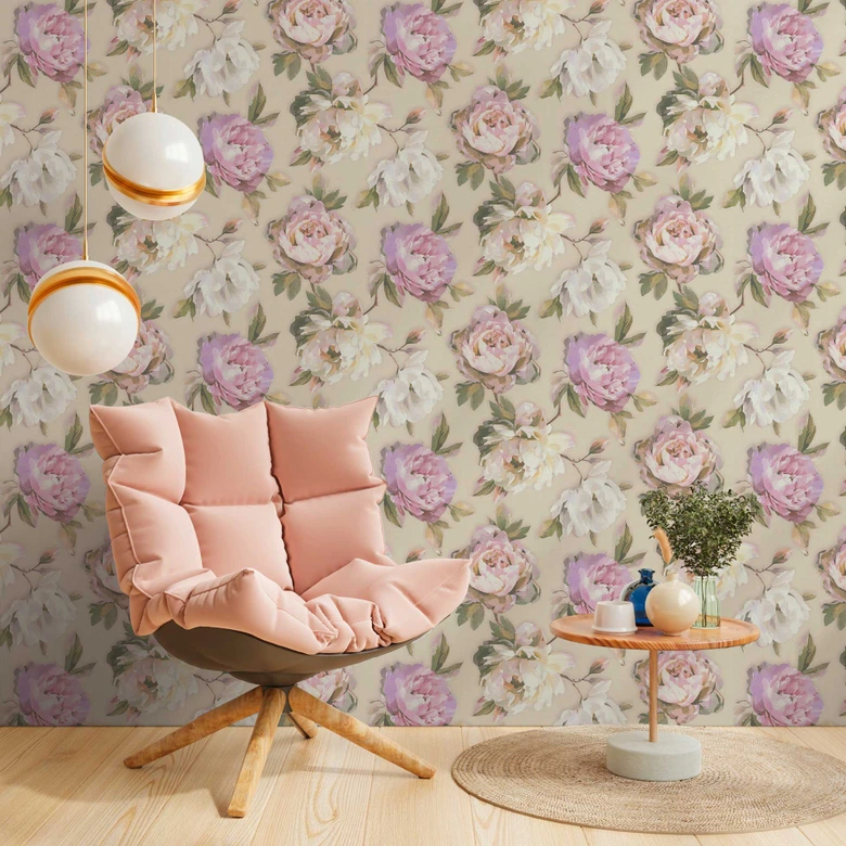 Florale Tapete mit Pfingstrosen Beige Rosa – Romantische Blumentapete – Vliestapete 