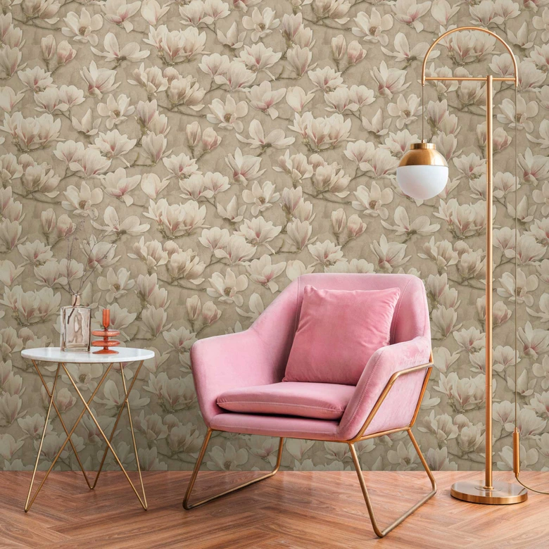 Magnolia tapet beige rosa - blommönster tapet med blommor - Icke-vävd tapet 
