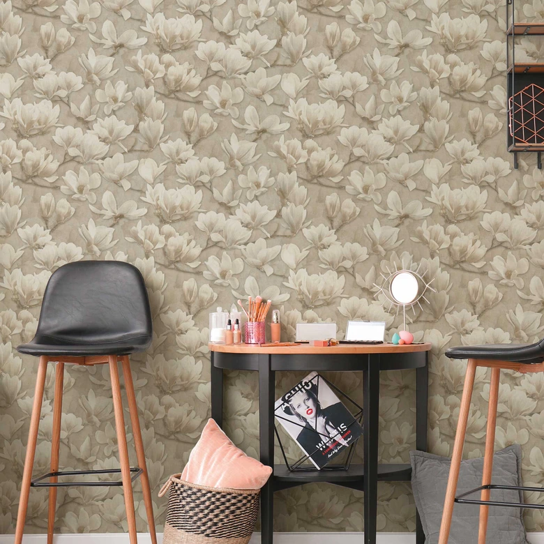 Papel pintado Magnolia beige crema - Papel pintado no tejido con motivo floral - Papel pintado floral 