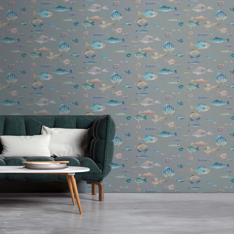 Maritime Tapete Fische Grau Blau - Vliestapete mit Unterwasser-Motiv - Kindertapete 